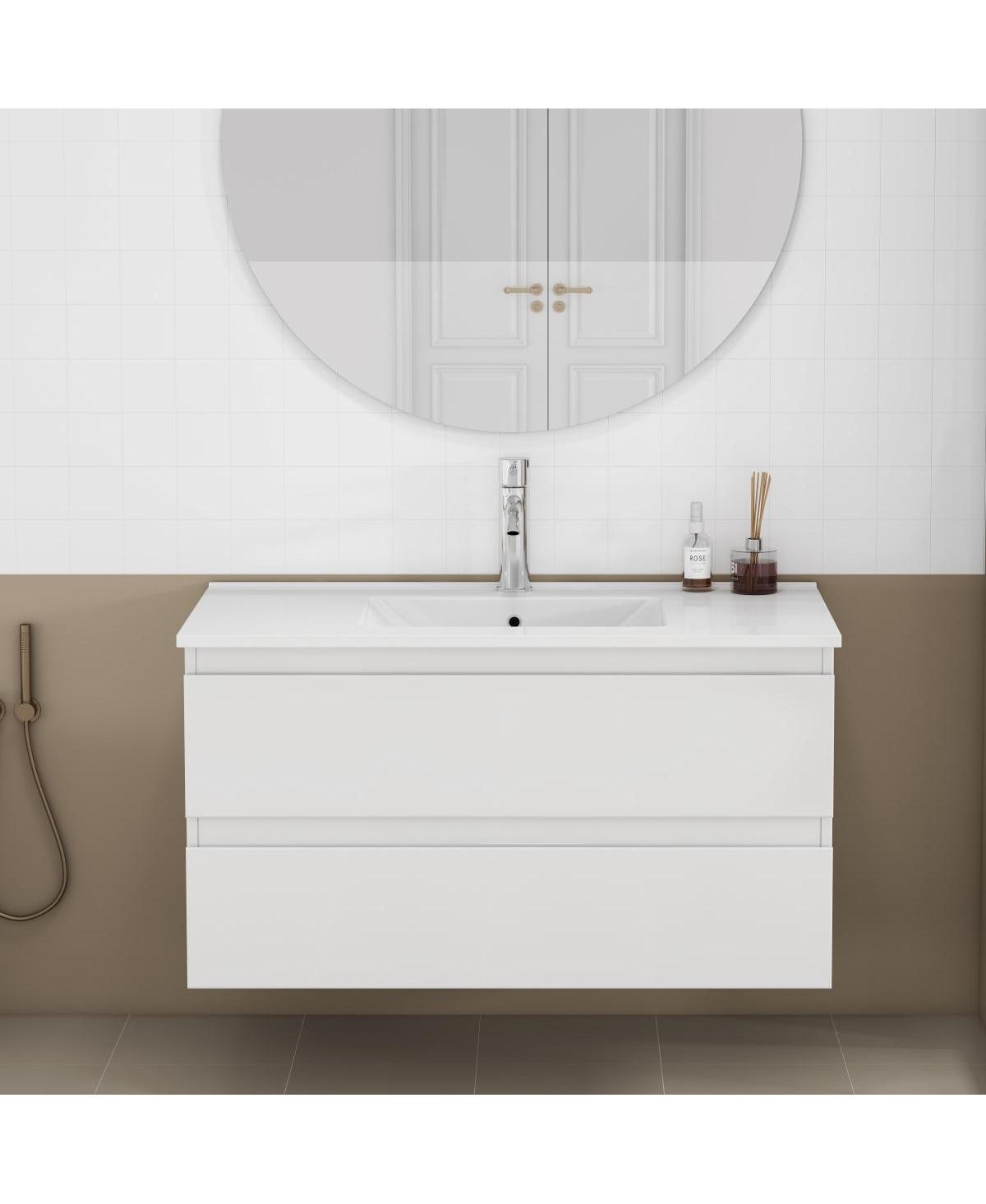 Sillysis Walnut Freestanding Bathroom Vanity with Sintered Stone Top, Ceramic Sink, Soft Close Storage