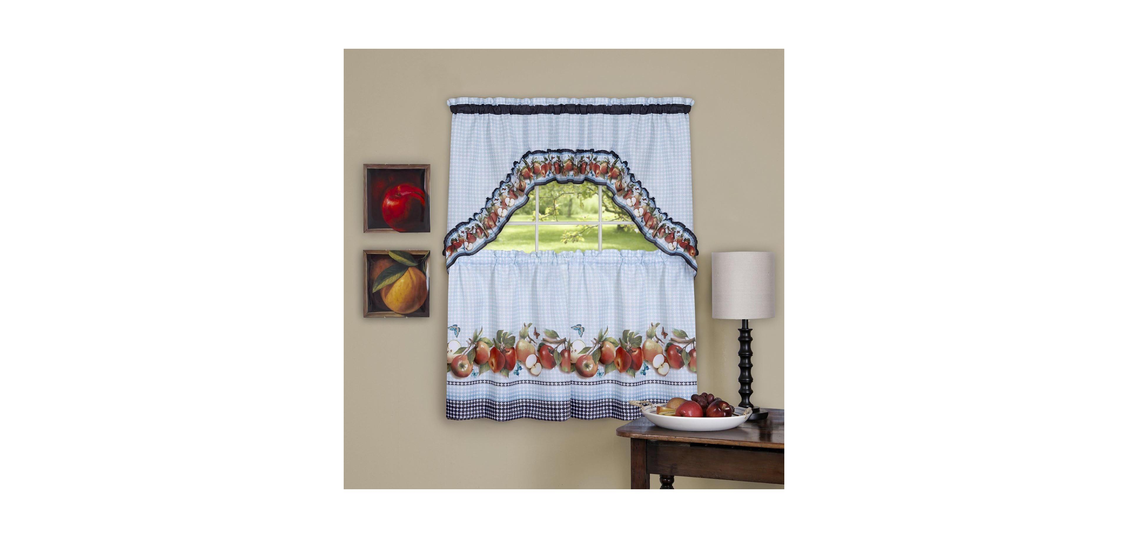 Kate Aurora Gala Apple 3 Piece Rod Pocket Cafe Cottage Semi Sheer Kitchen Curtain Tier And Valance Set