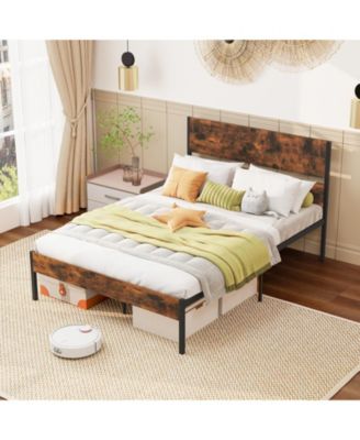 Full Size Metal Bed Frame with Wooden Headboard and Footboard