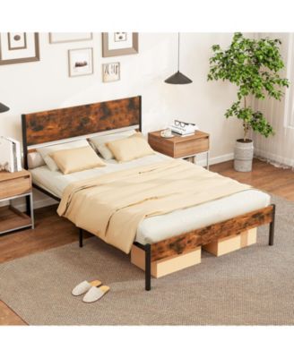 Full Size Metal Bed Frame with Wooden Headboard and Footboard