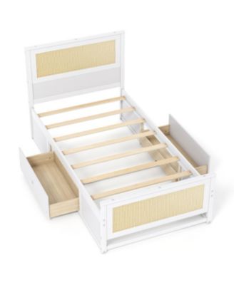 Twin Solid Wood Platform Bed Frame with Storage Drawers and Rattan Headboard