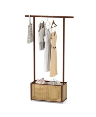 Bamboo Clothes Rack with Rattan Storage Basket and Wheels