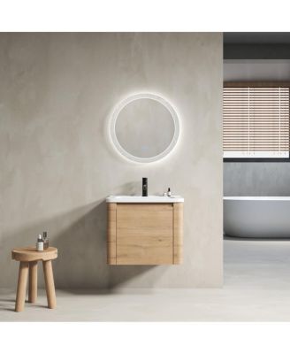  24 Inch Wall Mounted Bathroom Vanity with Ceramic Sink, Soft Close Door and Plywood Cabinet, Modern Floating Storage Solution
