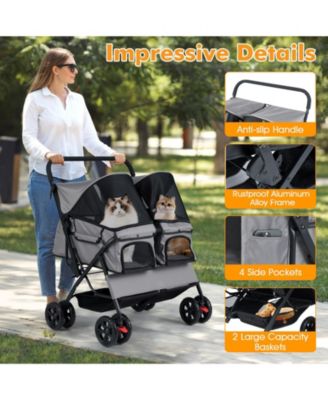 Foldable Double Pet Stroller with Sunshade and Basket