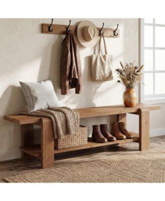 Solid Wood Entryway Bench with Shoe Storage Shelf, 63-Inch Long Farmhouse Entry Shoe Bench, End of Bed Bench
