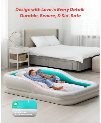 Inflatable Toddler Travel Bed with 3-Sided Safety Bumpers, Extra Large Kids Air Mattress, Includes Detachable Mattress, Portable