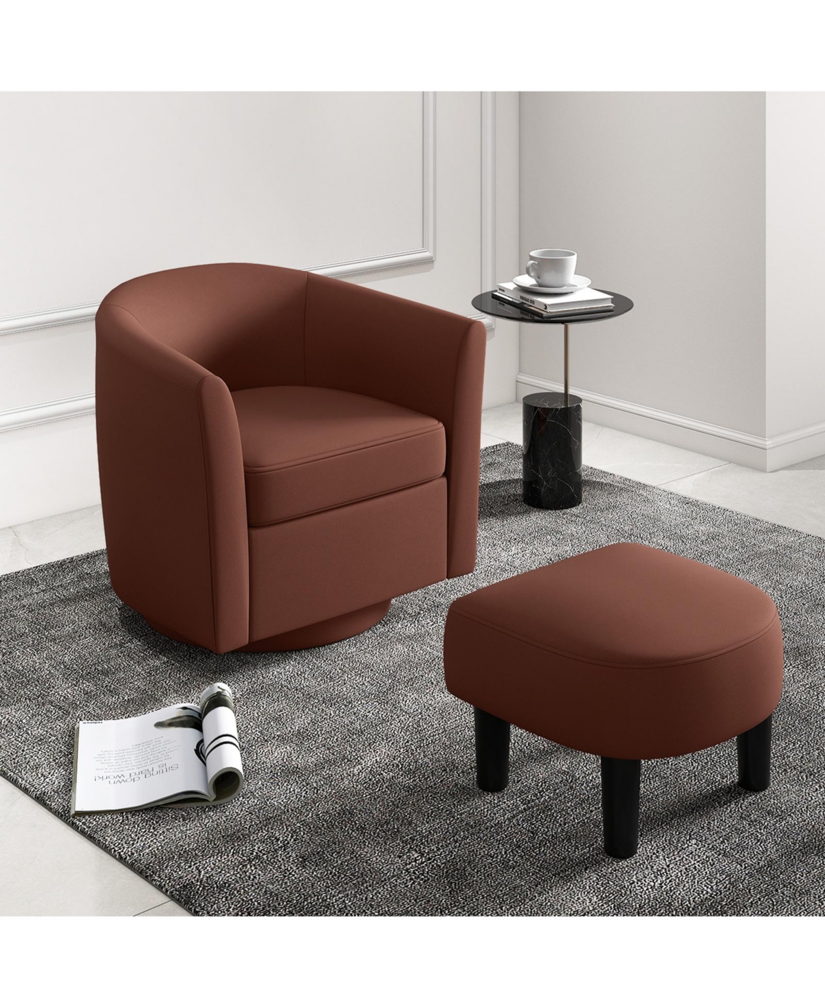 Sugift Modern Club Swivel Accent Chair with Ottoman Footrest Curved Backrest
