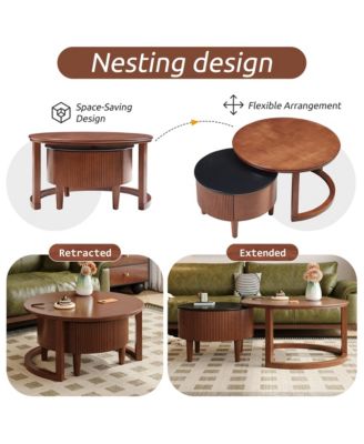 Round Nesting Coffee Table Set with Two Tone Wood and Storage Drawer