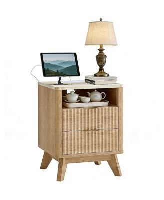 18" Small Nightstand for Bedroom, 2 Drawer Bedside Table, Faux Marble Top, Curved Oak Finish