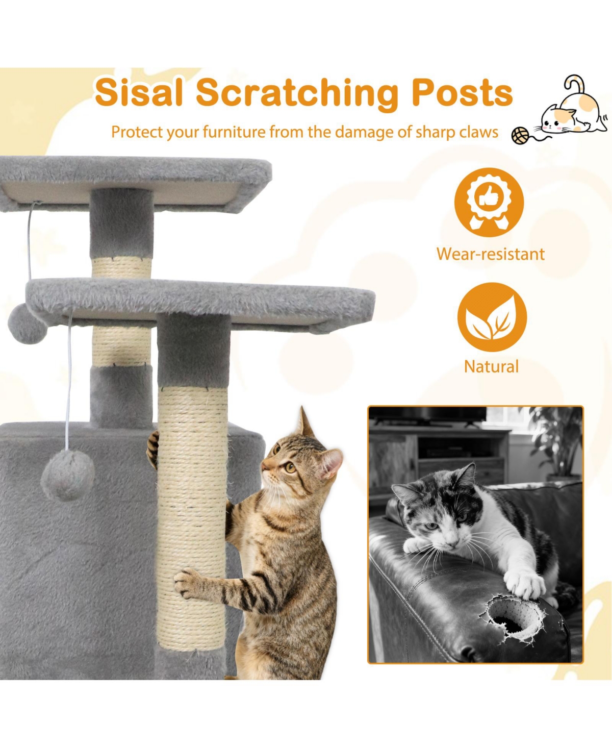 Cozito Cat Tree 57 in with 2 Condos Hammock and Hanging Balls