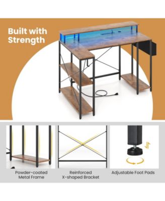 L-Shaped Gaming Desk with LED Lights and Built-In Power Outlets, Corner Workstation
