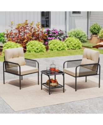 3-Piece PE Wicker Patio Bistro Set with Cushions and Glass Coffee Table