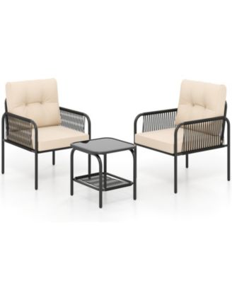 3-Piece PE Wicker Patio Bistro Set with Cushions and Glass Coffee Table