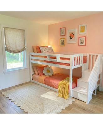 Solid Wood Twin over Twin Low Bunk Bed for Kids with Staircase