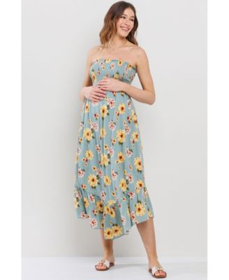 Maternity Floral Smocked Strapless Midi Dress