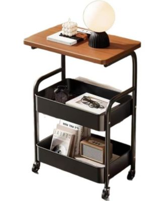 3-Tier Rolling Cart w/Wooden Tabletop, Utility Cart w/Lockable Wheels, Multipurpose Storage Organizer Trolley for Kitchen, Office, Bedroom