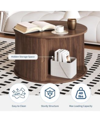 28" Round Coffee Table with Storage, Mid Century Modern Fluted Accent Table with Sliding Tambour Door for Living Room