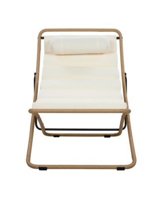 2-Piece Foldable Rattan Lounge Chair Set, Outdoor Reclining Chair with Adjustable Backrest, Thick Cushion and Removable Headrest for Beach