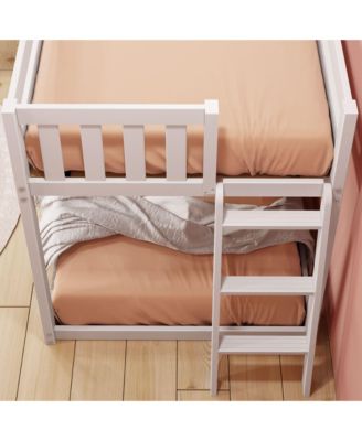 Solid Wood Twin over Twin Low Bunk Bed with Ladder on End For Kids