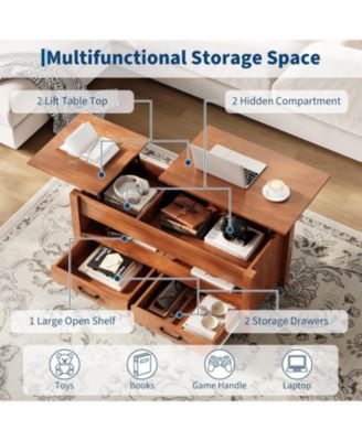 47.2" Coffee Table with Storage, Multi-Function Lift Top Coffee Table with Wooden Lift Tabletop, 2 Drawers and Hidden Compartment
