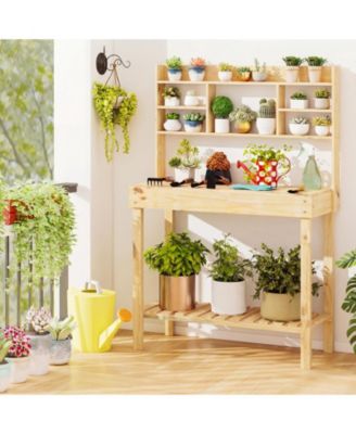 Wooden Potting Bench Table Garden Planting Workstation with 3-Tier Open Shelf