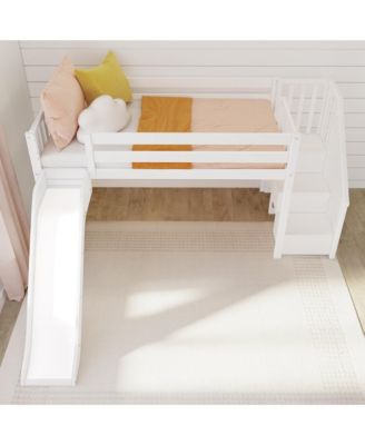 Max &  Lily Twin Size Low Loft Bed with Slide and Stairs, Solid Wood Kids Platform Bed with 14" Guardrails