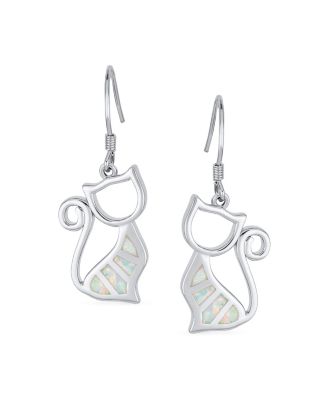 Animal Lover Pet Kitten White Created Opal Cat Dangle Earrings Sterling Silver