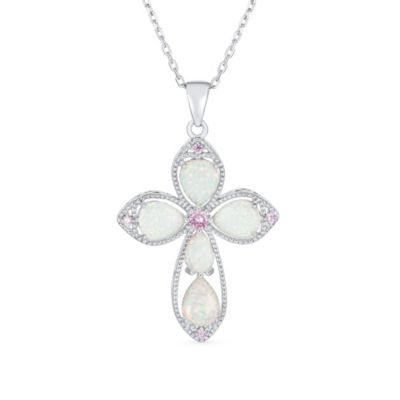 Elegant Spiritual Created Opal Cross Necklace Pendant .925 Sterling Silver