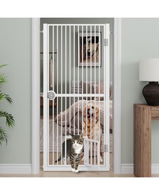 61" Extra Tall Pet Gate, adjustable built-in cat door, pressure mount no drilling, ideal for doorways and kitchen