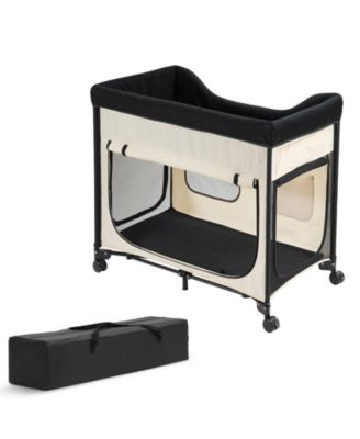 Large Foldable Elevated Pet Lounge Bed with wheels and side storage bags, sturdy raised design, portable and convenient