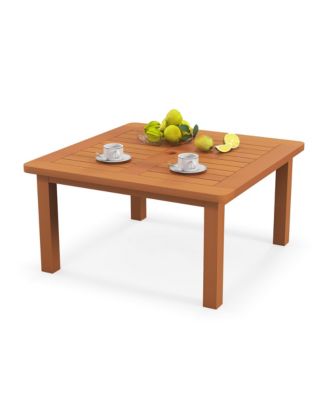 Gymax - Patio Coffee Table with Umbrella Hole Slatted Tabletop and Teak Oil Finish Natural