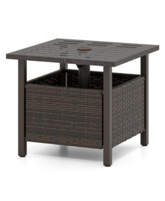 All Weather Wicker Patio Side Table with Umbrella Hole for Outdoor Use-Mix