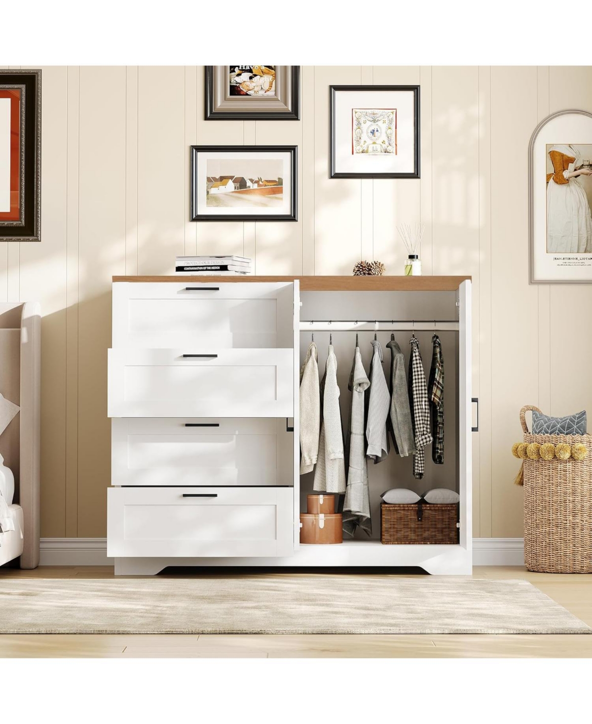 gaomon Multifunctional Wooden Dresser for Bedroom, 43.3 in H 2 Door Wardrobe Armoire Closet with 4 Drawers and Hanging Rod
