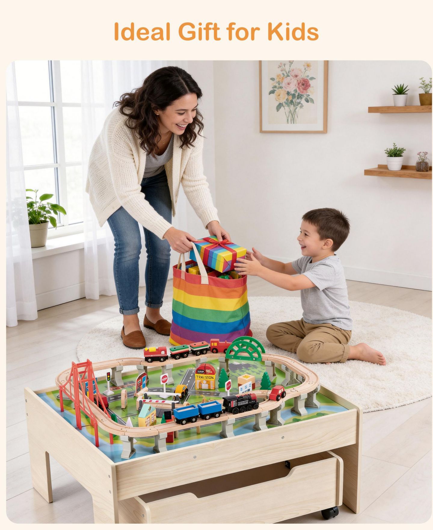 Детские игрушки SUGIFT 100-Piece Multicolor Wooden Kids Activity Table, 3-in-1 Wooden Train Set with Rolling Storage Drawer, Creative Toy Set for Kids Ages 3+, цвет: Натуральный — фото 4