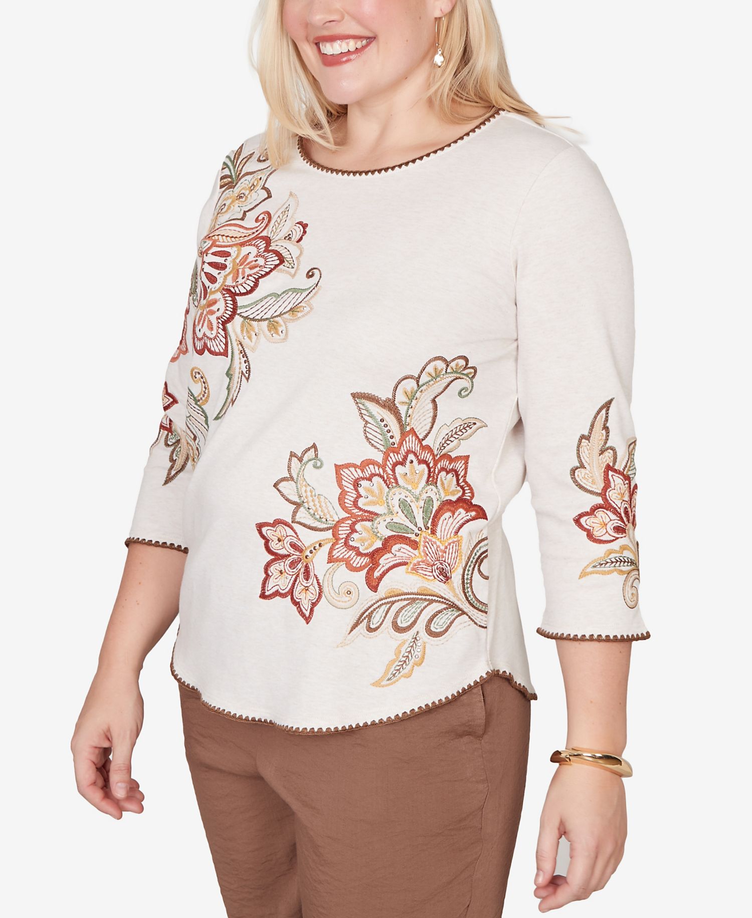 Petite Spice Market Asymmetrical Scroll Floral Round Hem Top