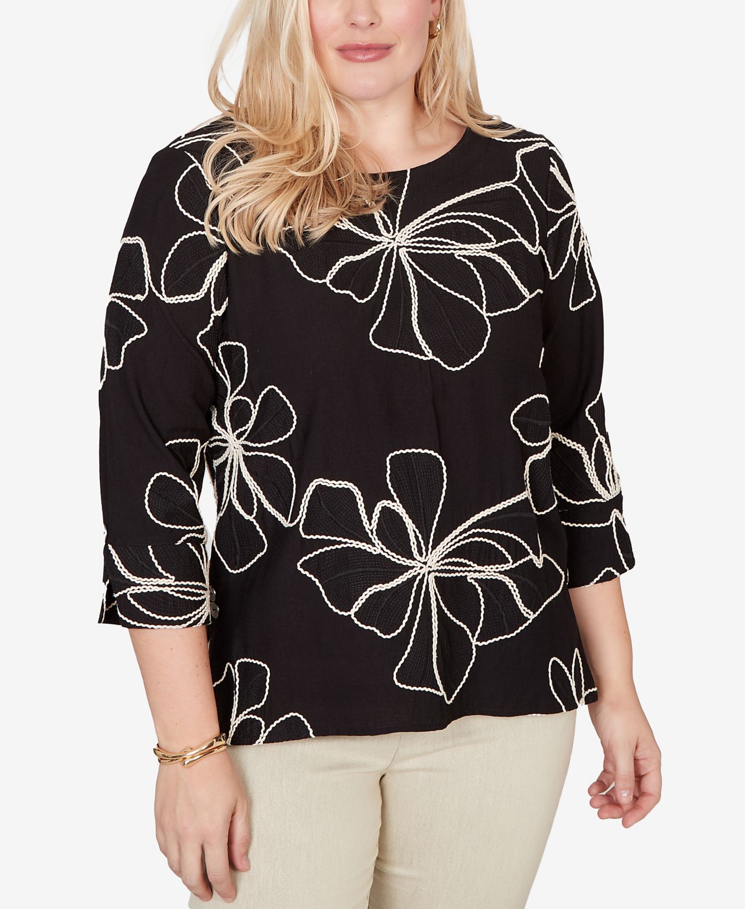 Petite Detail Driven Flower Soutache Three-Quarter-Sleeve Top