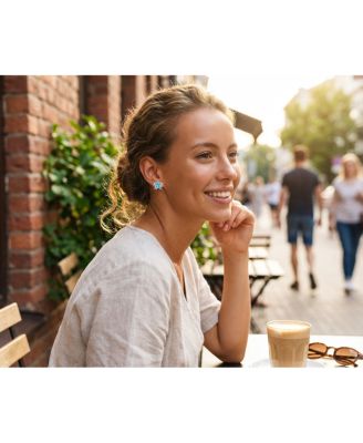 Created Blue Opal Inlay Petals Flower Stud Earrings .925 Sterling Silver