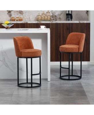 Modern Barrel Bar Stools Set of 2 - Linen Fabric Upholstered Counter Height Chairs with Back and Footrest for Kitchen Island