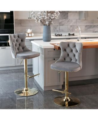 Velvet Swivel Bar Stools Set of 2, Adjustable Counter Height Chairs with Nailhead Trim and Metal Base for Kitchen Island