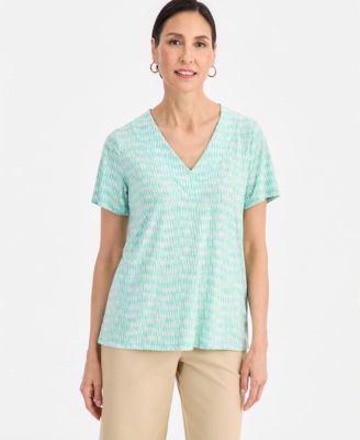 Printed Short Sleeve V-Neck Jacquard Top & Pull-On Pants