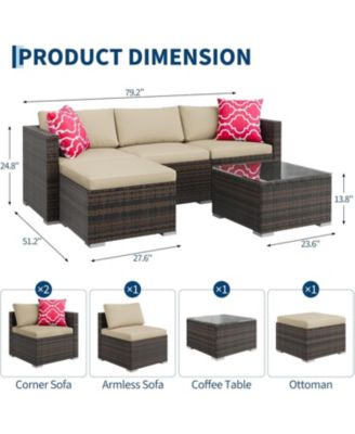 5-Piece All-Weather Wicker Patio Sectional Sofa Set with Ottoman and Glass Table