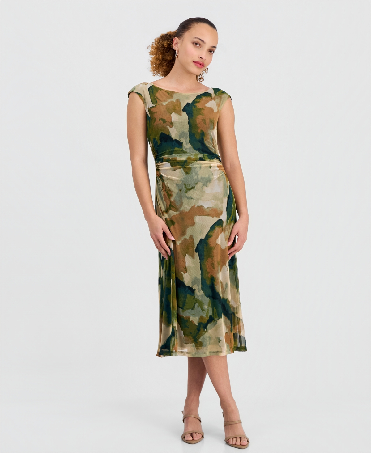 Connected Women's Mesh Cap-sleeve Dress In Olv