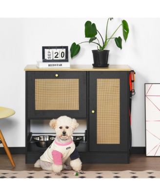 Pet Feeding Station with 2 Lockers and Elevated Dog Bowls, Side Hooks, Anti-Tipping, Hidden Storage