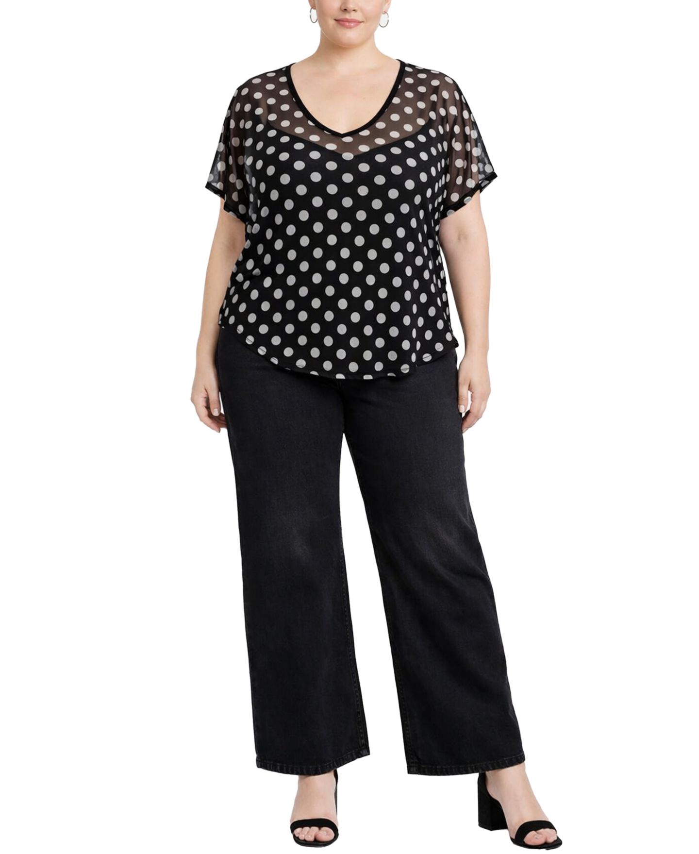 Женский топ COIN 1804 Plus Size Polka Dot Mesh Rolled-Sleeve, цвет: Чёрный / Слоновая кость — фото 2