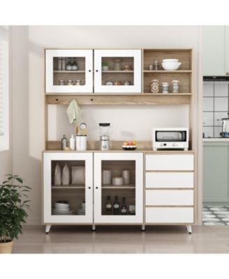 Large Kitchen Hutch Cabinet, Storage Cupboard Pantry with 4 Glass Doors, 4 Drawers and Microwave Shelf, Buffet,Sideboard