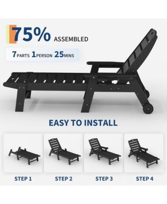 5-Position Adjustable HDPE Folding Chaise Lounge Set Outdoor Recliners with Cup Holder, Wheels, Resin, for Poolside, Garden 2 Pack