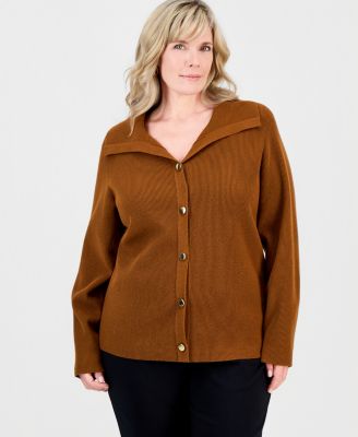 Plus Size Collared Long-Sleeve Cardigan