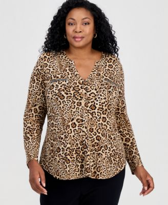 Plus Size Zippered-Pocket V-Neck Top, Macy's Exclusive