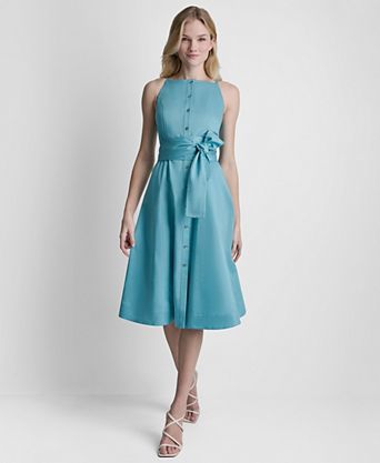 dkny dress dresses by Donna Karan Knit Round Neck Short Ruched Sleeve Tie Waist Midi Full Coverage DKNY Women's Logo Midi Sweater