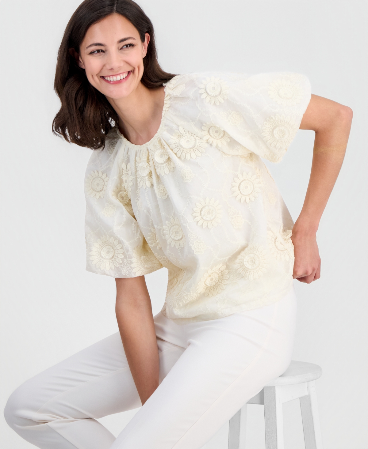 T Tahari Women's Crewneck Short-Sleeve Blouse